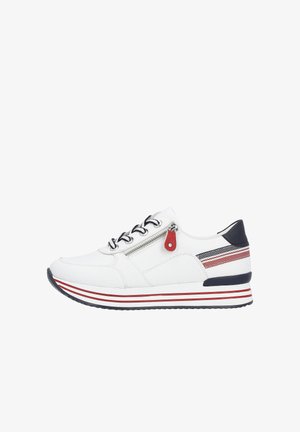 White leather sneaker featuring a side zip and red accent, with striped detailing on the midsole and a rubber outsole for grip.