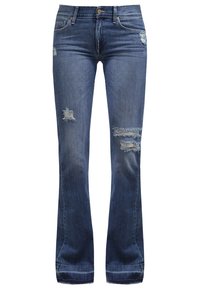 Džíny z denimu v tmavě modré barvě se zkreslenými detaily, s dírami na kolenou, rovného střihu a klasickou konfigurací pěti kapes.