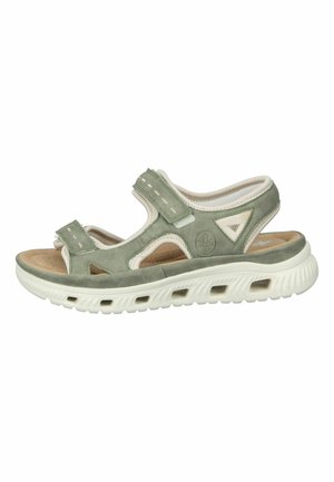 Green suede sandals with adjustable straps, white accents, cushioned footbed, and a white rubber sole featuring air vent details.