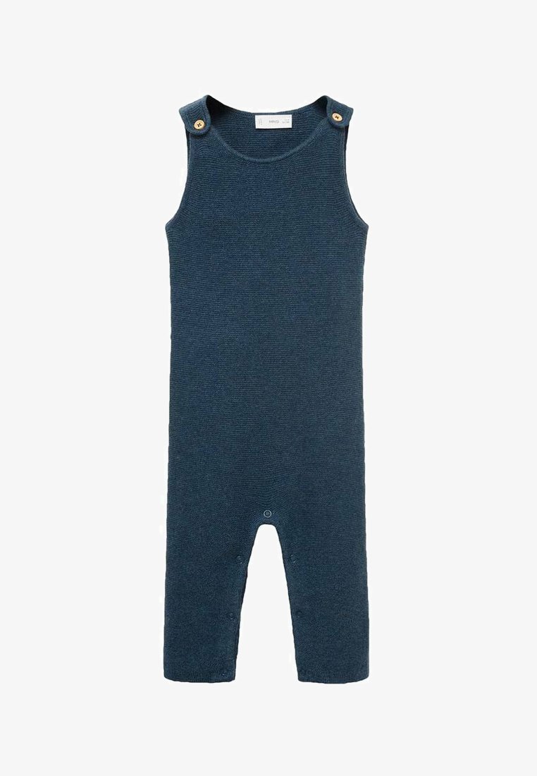 Tamnoma modra pletena enodelnica brez rokavov, z lesenimi gumbi na ramenu in pritiskači spodaj za enostavno oblačenje.