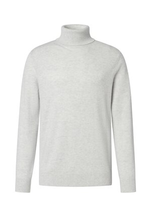 Hellgrauer Rollkragenpullover mit langen Ärmeln, geripptem Kragen, Bündchen und Saum, auf weißem Hintergrund dargestellt.