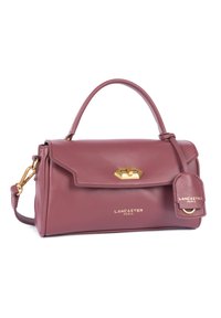 Borsa in pelle color mauve con design strutturato, hardware dorato e un'etichetta removibile. Presenta una maniglia superiore e una tracolla staccabile.