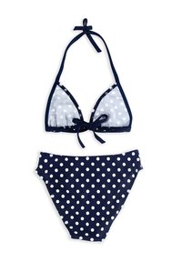Granatowy bikini w białe kropki. Górna część z trójkątnymi miseczkami i wiązaniem na szyi; dolna część z dopasowanym wzorem w kropki.