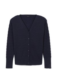 Marineblauer Cardigan mit V-Ausschnitt, strukturiertem Strickmuster, langen Ärmeln und passenden Knöpfen auf der Vorderseite.