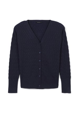 Cardigan bleu marine avec un design en V, motif tricoté texturé, manches longues et boutons assortis sur le devant.