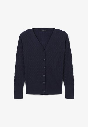 Cardigan blu navy con design a V, motivo a maglia testurizzata, maniche lunghe e bottoni coordinati lungo il davanti.