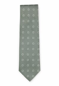 Groene stropdas met een gestructureerde stof, met een rasterpatroon en kleine witte vierkantjes. Puntige uiteinde en standaard lengte.