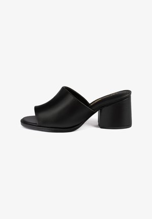 Mules à talons noirs en cuir lisse avec un design ouvert à l'avant et un talon bloc épais pour la stabilité. Surface texturée avec un minimum de détails.