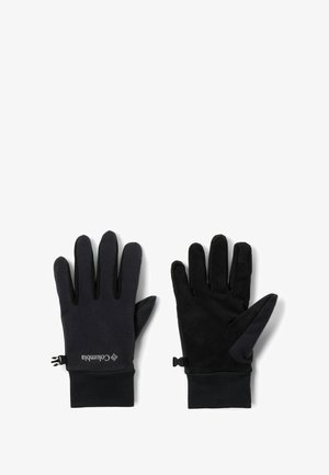 Schwarze Handschuhe mit einem Fleece-Außenmaterial und samtig anmutenden Handflächen, ausgestattet mit einem verstellbaren Handgelenkriemen und einem Logo auf einem Handschuh.