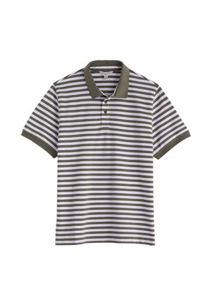 Lühikeste varrukatega polomees särk oliivroheliste ja valgete horisontaalsete triipudega, oliivroheline krae ja varrukasuunad ning kahe nupuga pliiats.