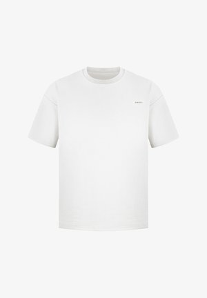 Witte t-shirt met korte mouwen, een geribde ronde hals, een relaxte pasvorm en een klein logo op de linkerborst. Gemaakt van zachte stof met een gladde textuur.