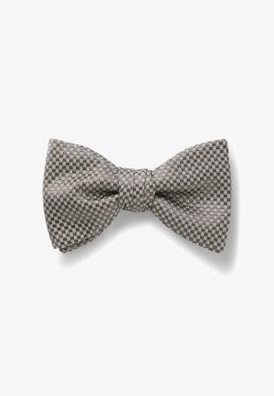 Nœud papillon gris à motif à carreaux, fabriqué en tissu texturé, avec un nœud central et des ailes légèrement courbées.