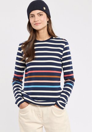 Langarm gestreepte shirt in marineblauw, crème, en kleurrijke accenten. Heeft een ronde halslijn en ribgebreide manchetten. Het materiaal lijkt zacht.
