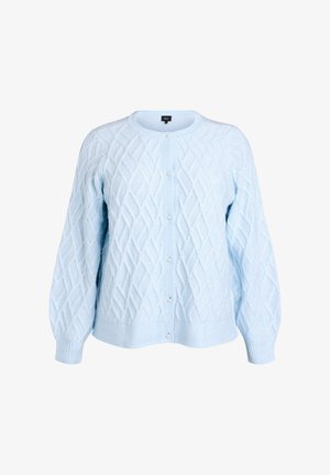 Jasnoniebieski dziergany kardigan z teksturowanym wzorem w diamenty, okrągłym dekoltem, zapięciem na guziki oraz ściągaczami przy mankietach i u dołu.