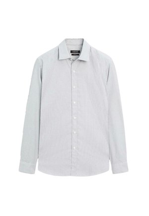 Koszula z długim rękawem z guzikami, w jasnoniebiesko-białą paskowaną wzór. Wykonana z gładkiego materiału, z klasycznym kołnierzykiem i zapięciem na guziki.