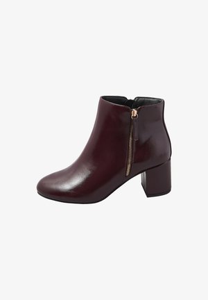 Stivaletto in pelle bordeaux scuro con cerniera laterale e tacco a blocco su sfondo bianco.