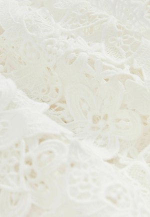 Weißer Spitzestoff mit komplizierten floralen Mustern und variierenden Texturen, der ein zartes, geschichtetes Design präsentiert.