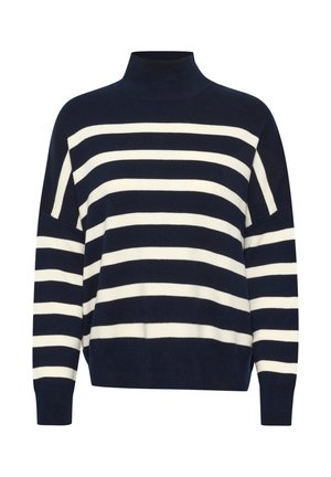 Navy blue and white striped turtleneck sweater with loose fit, ribbed cuffs, and soft knit texture, featuring wide horizontal stripes.
