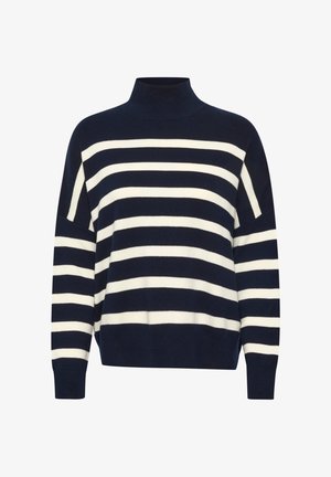 Pull à col roulé bleu marine et blanc à rayures, avec une coupe ample, des poignets côtelés et une texture en maille douce, présentant de larges rayures horizontales.