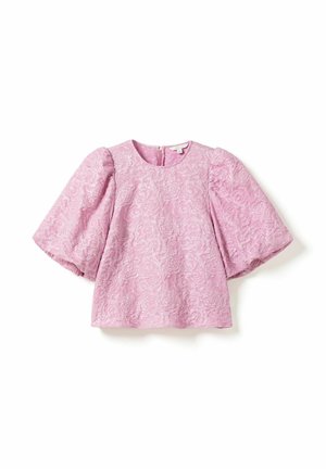 Pink lace top with short, puffed sleeves and a round neckline. Textured floral pattern throughout. Back zip closure.