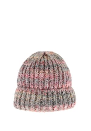 Thick knitted beanie with folded brim in soft gray and pink variegated yarn, showing ribbed texture and fuzzy fibers.