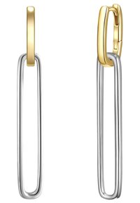 Orecchini a cerchio in argento e oro con forme rettangolari allungate, con una finitura lucida e una texture liscia. Design a cerniera per una chiusura sicura.