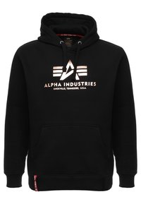 Felpa nera con cappuccio in misto cotone, dotata di tasca frontale, coulisse sul cappuccio e logo metallico con dettagli a strisce.