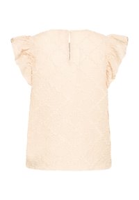 Blouse à manches courtes texturée crème avec manches à volants et fermeture à bouton par trou à l'arrière.