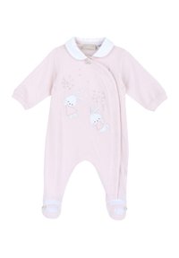 Tutina per neonati rosa con maniche lunghe, colletto bianco e conigli ricamati. Dotata di chiusure a scatto e design con piedi, realizzata in tessuto morbido.