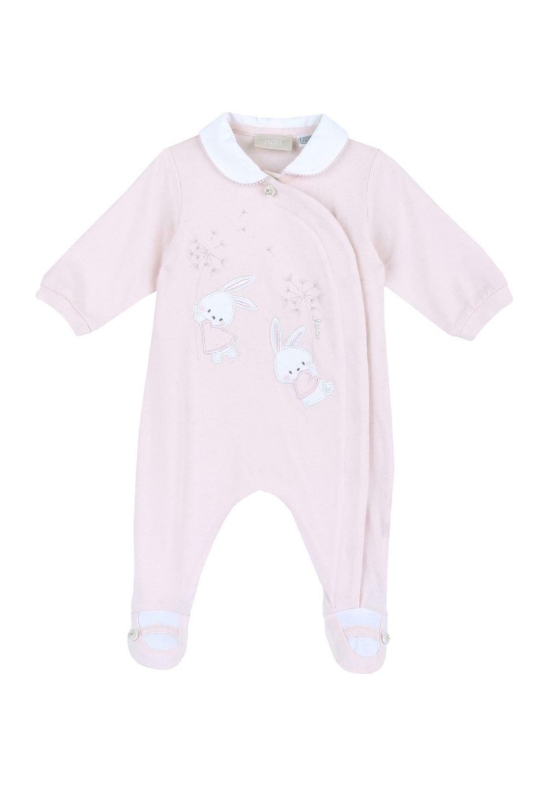 Tutina per neonati rosa con maniche lunghe, colletto bianco e conigli ricamati. Dotata di chiusure a scatto e design con piedi, realizzata in tessuto morbido.