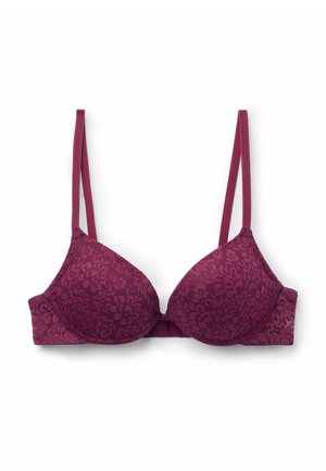Mauve lace bra with padded cups, adjustable straps, and a floral pattern. Features a back hook closure and seamless edges for comfort.