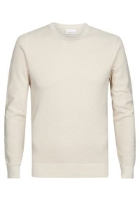 Helles, beiges Rundhals-Pullover aus strukturiertem Strick, mit langen Ärmeln sowie gerippten Bündchen und Saum. Einfaches, minimalistisches Design.