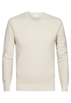 Helles, beiges Rundhals-Pullover aus strukturiertem Strick, mit langen Ärmeln sowie gerippten Bündchen und Saum. Einfaches, minimalistisches Design.
