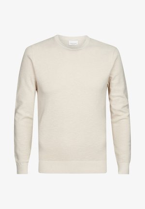 Suéter crewneck de color beige claro en tejido texturizado, con mangas largas y puños y dobladillo acanalados. Diseño simple y minimalista.