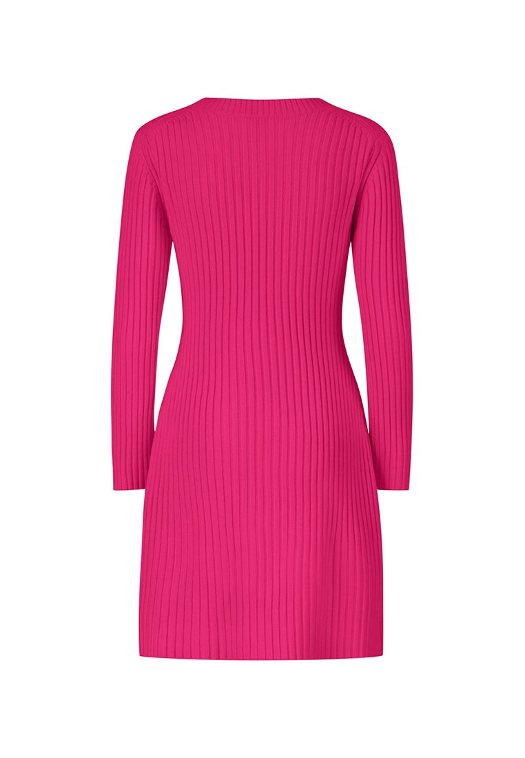 Enganliegendes, geripptes Kleid in leuchtendem Pink mit langen Ärmeln und rundem Halsausschnitt. Glatte Textur mit enganliegender Silhouette und einer Länge bis zur Mitte des Oberschenkels.