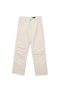 Lichtbeige corduroy broek met een rechte snit, voorzien van twee voorzakken, een enkele achterzak en zichtbare stiksels.