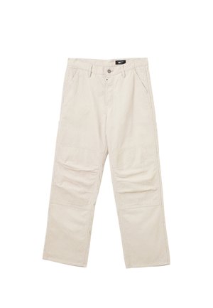 Pantalons en velours côtelé beige clair avec une coupe droite, dotés de deux poches avant, d'une poche arrière unique et de détails de surpiqûre visibles.