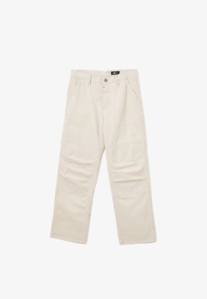 Pantaloni in corduroy beige chiaro con taglio dritto, dotati di due tasche anteriori, una tasca posteriore e dettagli di cucitura visibili.