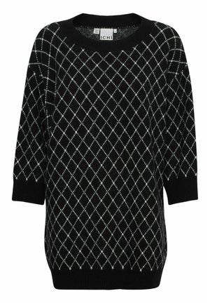 Pull en tricot noir avec un motif en losanges blancs. Il a un col rond et des manches trois quarts, avec des poignets et un ourlet côtelés.