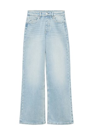 Jasnoniebieskie dżinsy z wysokim stanem i szerokimi nogawkami, z guzikami z przodu, zamkiem błyskawicznym i pięcioma kieszeniami, prezentowane na białym tle.