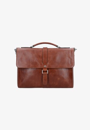 Braune Lederaktentasche mit Klappenverschluss, silbernem Beschlag, Frontriemen-Detail und einem oberem Griff. Glatte Textur und minimalistisches Design.