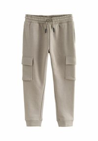 Beige sweatpants med elastisk talje, snoretræk og to cargo-lommer på siderne. Blødt stof; tætsiddende pasform ved anklerne.
