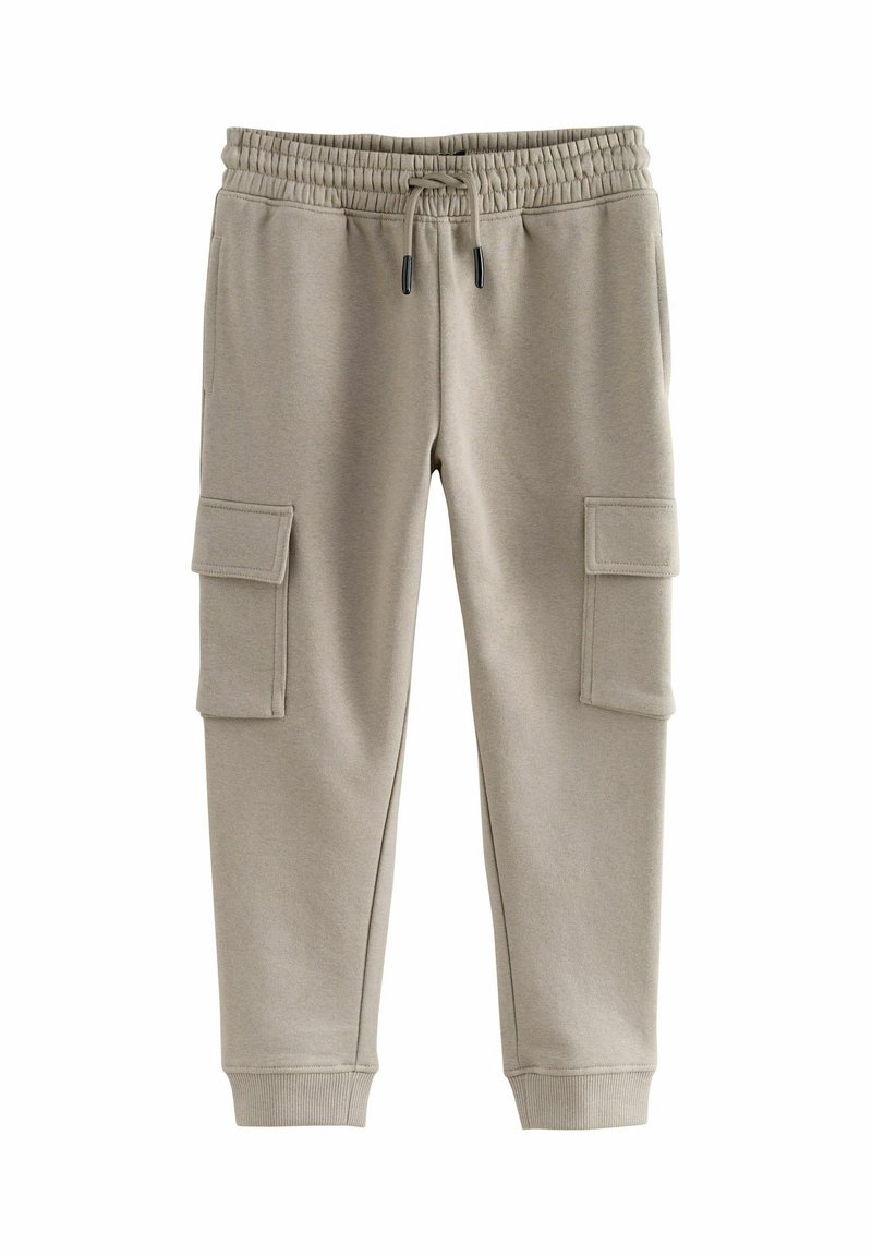 Beige sweatpants med elastisk talje, snoretræk og to cargo-lommer på siderne. Blødt stof; tætsiddende pasform ved anklerne.