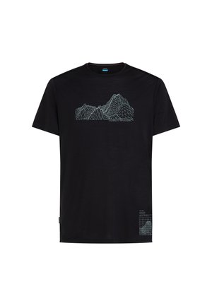 Zwart T-shirt met korte mouwen, lichtblauwe geometrische berglijnkunst en de tekst "icebreaker" op de borst, met een kleiner rasterbergontwerp nabij de zoom.