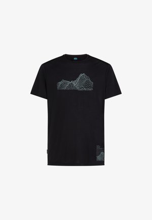 Schwarzes T-Shirt mit kurzen Ärmeln, hellblauem geometrischem Berglinien-Design und dem Schriftzug "icebreaker" auf der Brust sowie einem kleineren Berggitter-Design nahe dem Saum.