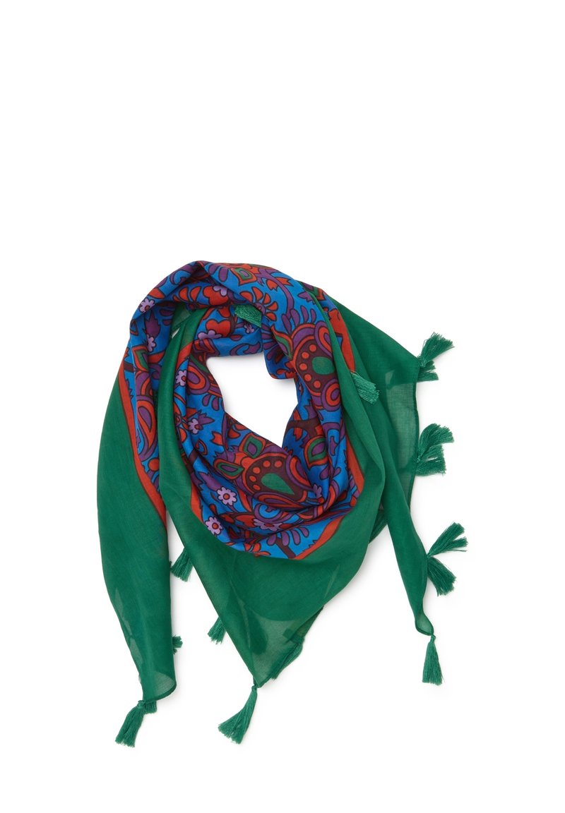 Groene sjaal met levendige blauwe en rode bloemmotieven. Heeft franjes aan de uiteinden. Lichtgewicht, zachte textuur. Driehoekige vorm.
