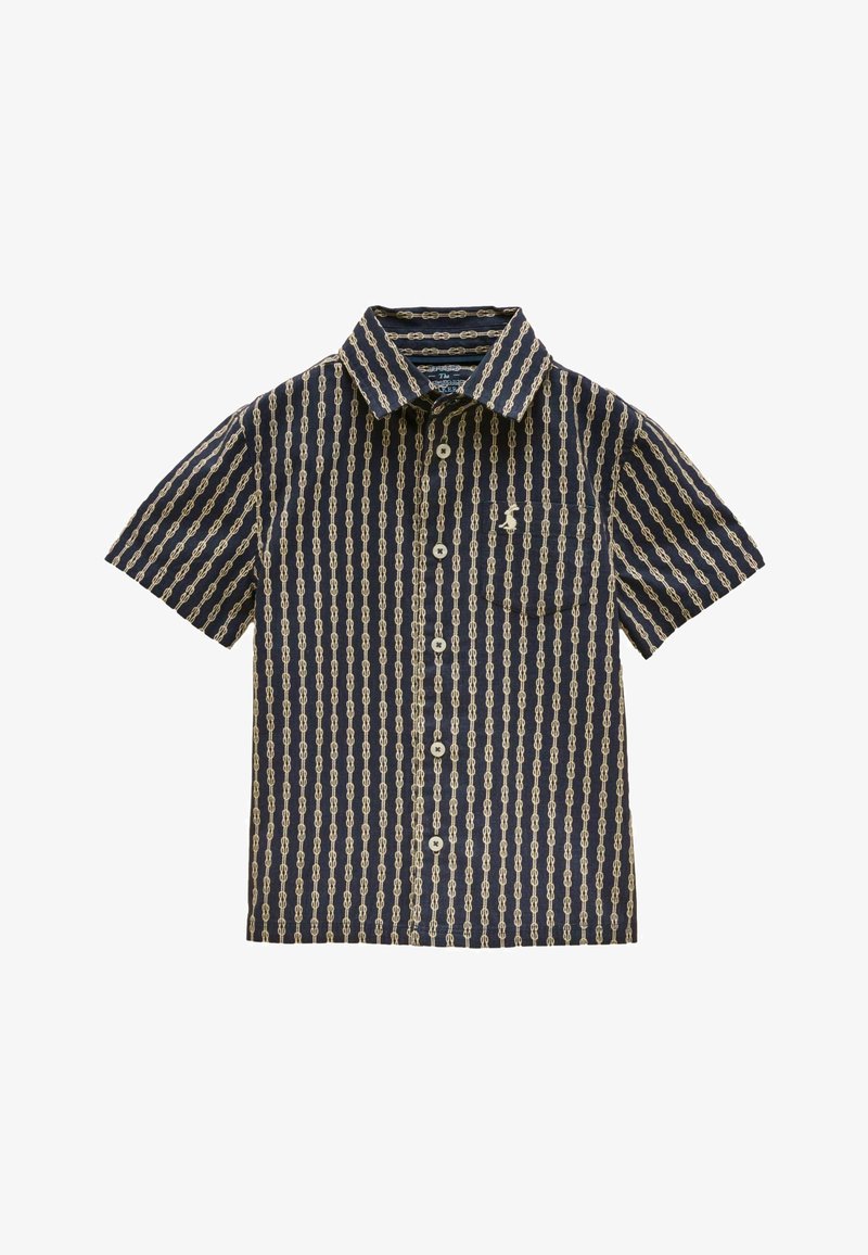 Chemise bleu marine à manches courtes avec boutons, motif chaîne beige vertical et petite figure brodée sur la poche poitrine gauche.