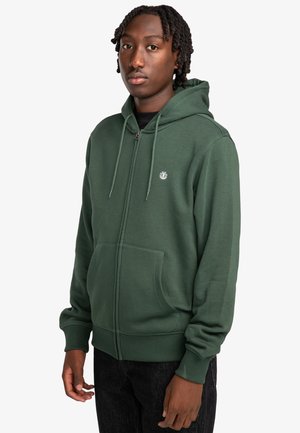 Green zip-up hoodie made of cotton blend, featuring a front pocket, adjustable drawstring hood, and a small logo on the chest.