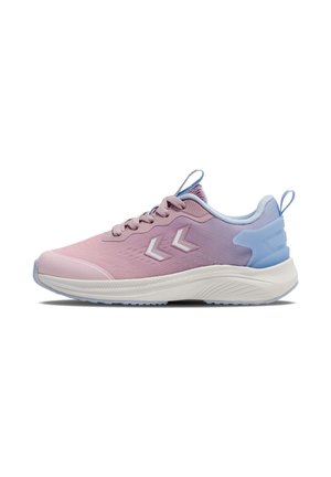 Pink and light blue athletic sneaker with white sole, laces, and chevron-shaped branding on the side, viewed from the outer side.
