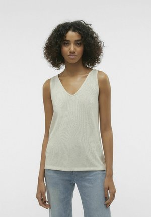 Light gray sleeveless top with a V-neck, textured fabric, and a relaxed fit, paired with light blue straight-leg jeans.
